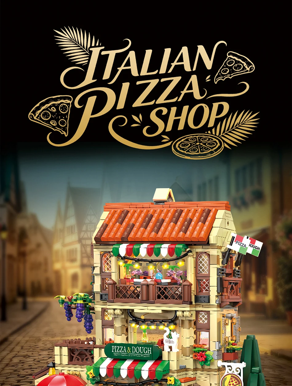 City Series MOC 1962pcs Pizza Shop Model Building Blocks DIY Pizza Restaurant Bricks Toys Gifts For Men Boy Desktop Ornament