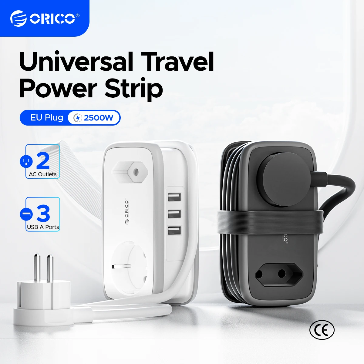 

ORICO EU Plug Travel Power Strip with 2AC 3USB Port 1.1M Extension Cable 5-In-1 Charging Smart Socket for Home/Travel Save Space