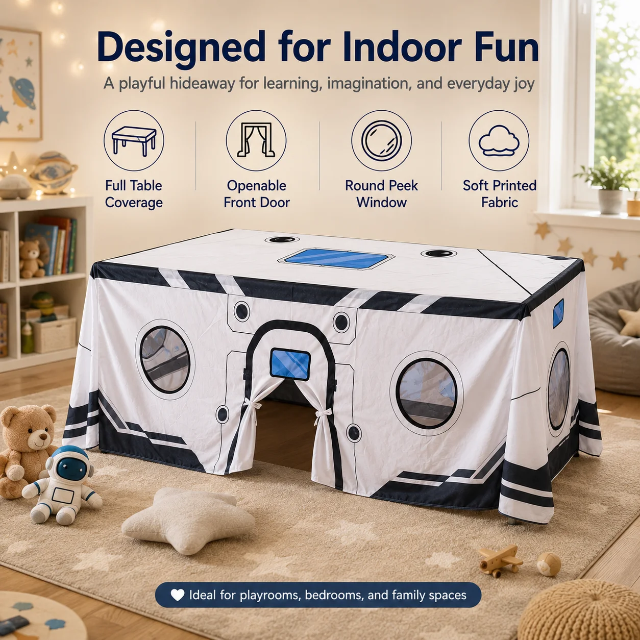 10ft x 7.5ft Tablecloth Playhouse for Kids, Play Tent Spaceship Table Tent, Dining Room Birthday Indoor Outdoor Party Playground