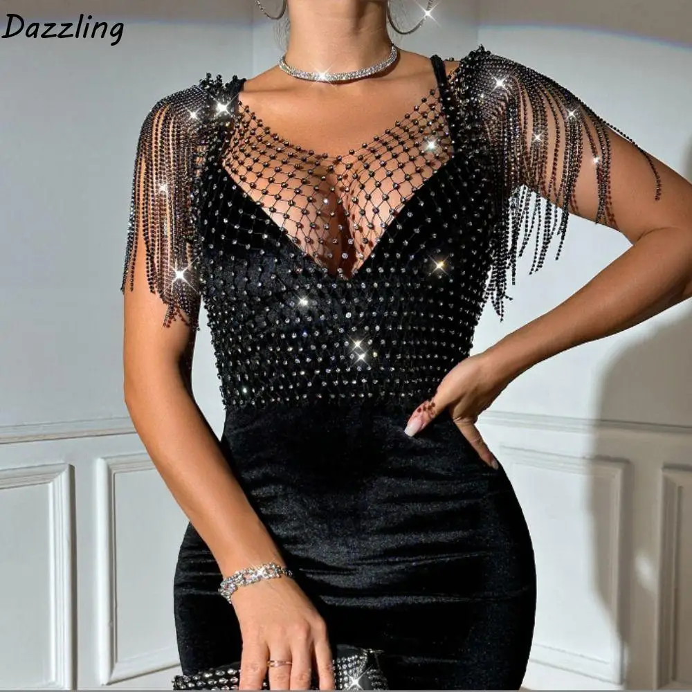 with Tassel Shawl Fishnet Glitter Top Mesh Sex Appeal Rhinestone Fishnet Cover Ups Rhinestone Mesh Drill Rhinestone Fishnet Tops