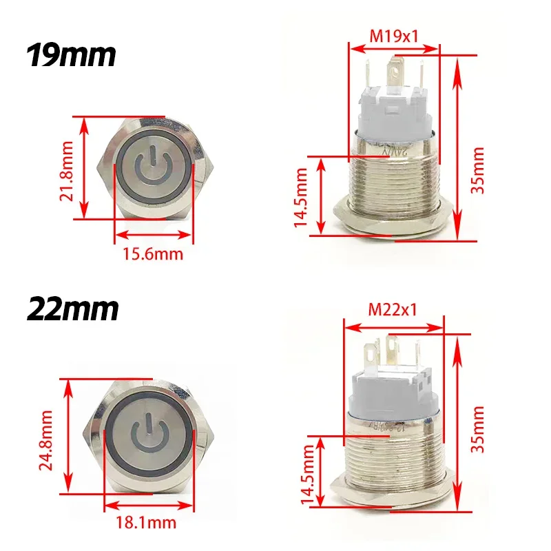 12/16/19/22mm wasserdichter Metall-Druckknopf schalter LED-Licht Momentan verriegelung PC-Strom versorgung aus rot grün weiß gelb blau