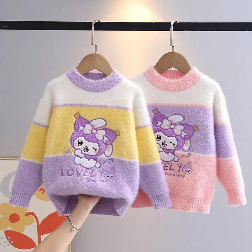 

Вязаный свитер Kuromi для девочек, топы для отдыха с круглым вырезом, Kawaii, новый стиль, осенне-зимний детский пуловер с героями мультфильмов