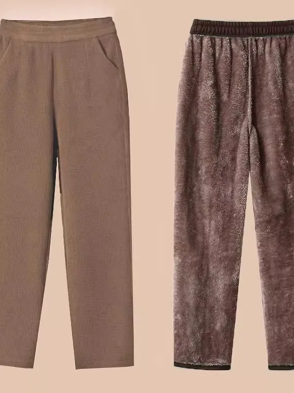 Thiened Fce ハイウエスト秋冬カジュアルパンツ中年女性向け暖かい居心地の良い綿ズボンアウターウェア