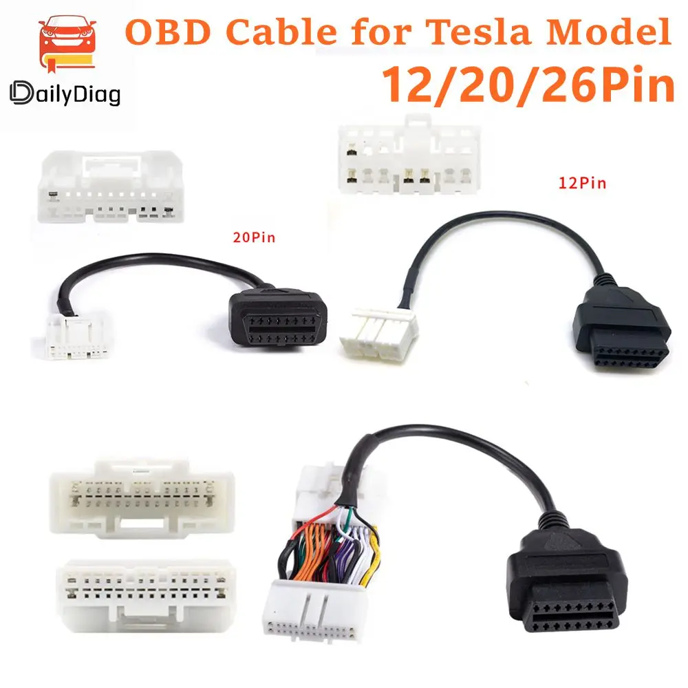 Cabo de extensão do carro para Tesla, OBD2 conector, macho e fêmea para 16Pin, OBD 2, Ferramenta Automática de Diagnóstico, 12 pinos, 20 pinos, 26Pin, S, X, Y