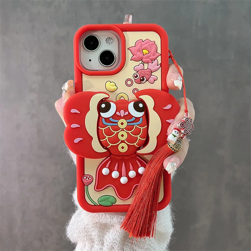 Lucky Red koi fish 3D Case For iphone 15 13 12 14 Pro Max i11 13PM 14PM 15PM kid Fold bracket Soft Silicone Phone Cover +Lanyard