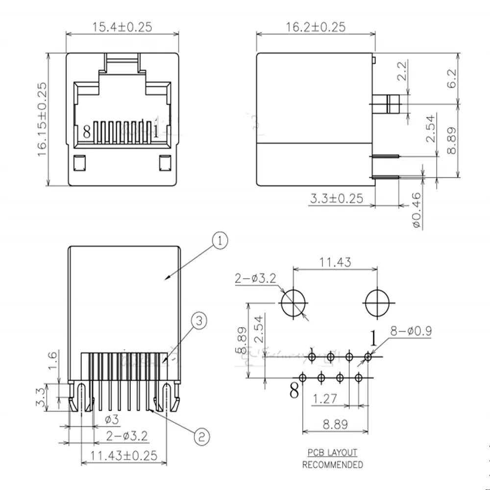100 Stück RJ45-Netzwerkbuchse, weiblich, 5224, 8P8C, vertikal, RJ45, 180 Grad, Vollkunststoff – Detail 1