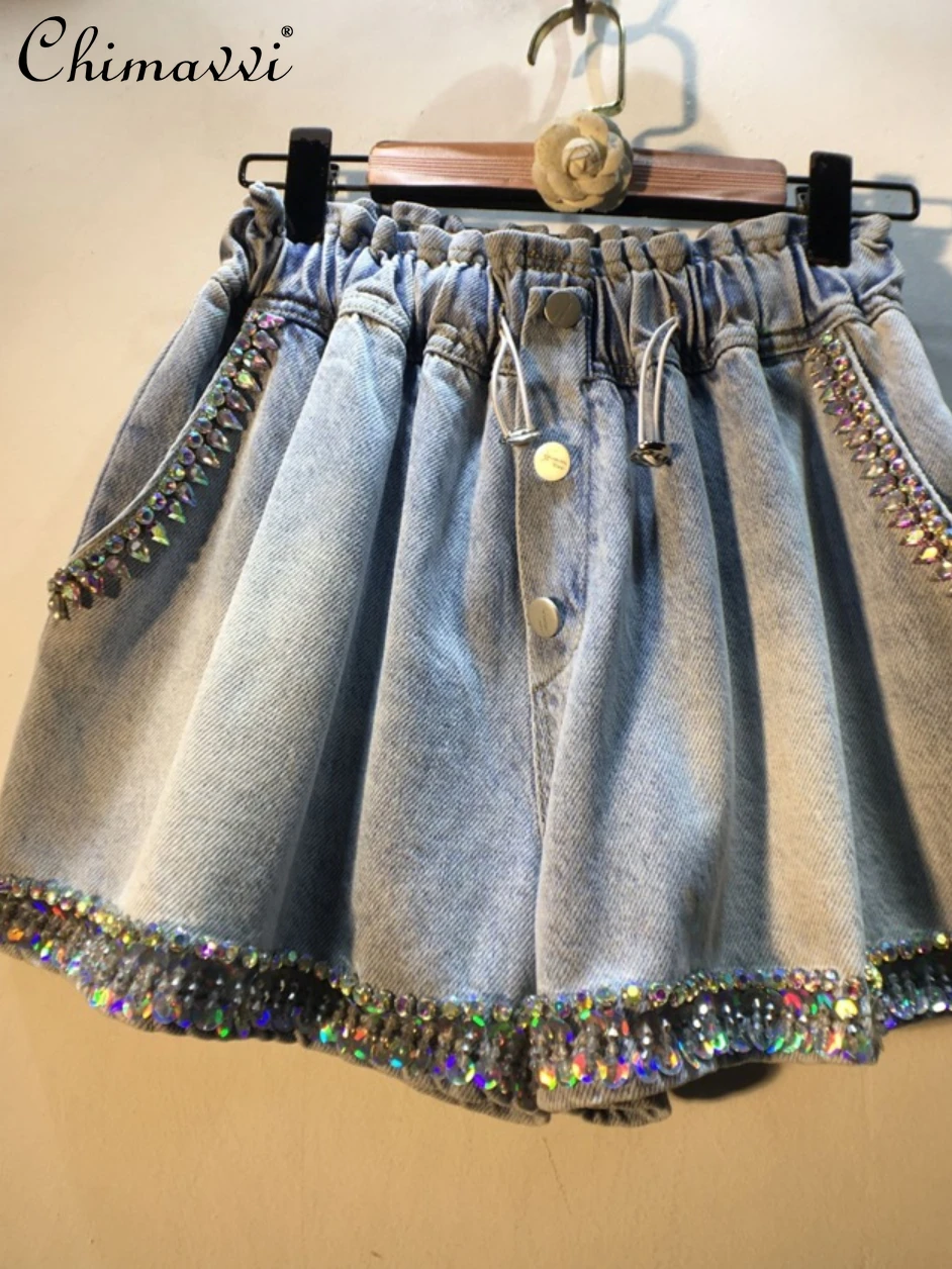 

2022 Summer New Streetwear Exquisite Rhinestone Sequins Short Jeans Women's Fashion High Waist Slimming Wide-Leg Denim Shorts