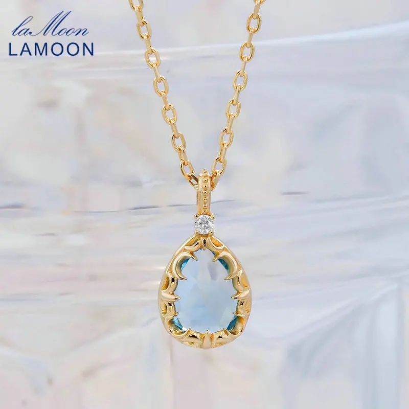 LAMOON Vintage Bijou Natural Topaz Gemstone Crescent Moon Necklace For Women 925 Sterling Silver Gold Plated Fine Jewelry Gift