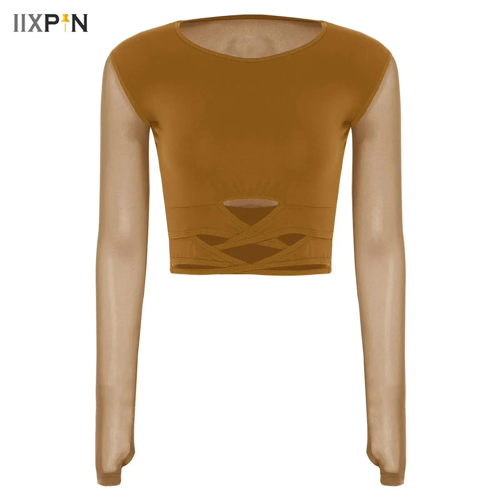 Haut court de danse de Ballet latine pour femmes, maille transparente, manches longues, dos à bretelles, T-shirt court pour Samba Rumba valse, scène de classe