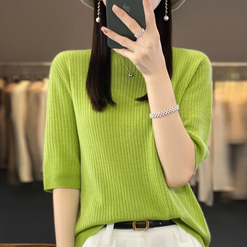 Women's Summer Short Sleeve Fine Imitation Seamless Wool Knit Slim Fit Pullover Half Sleeve Thin Sweater Tank Tops T-shirt Basic