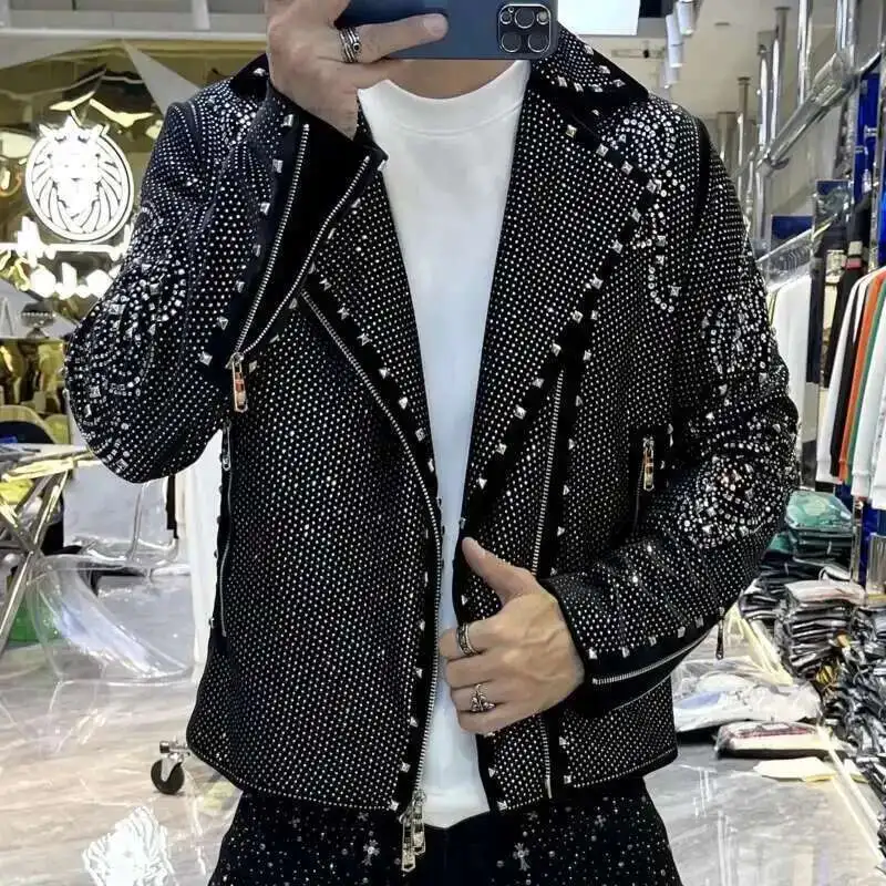 European Style Men Streetwear Jacket Fall Winter Casual Men Motorcycle Jacket Top Men Fashion Trend Star Hot Drilling Men Jacket