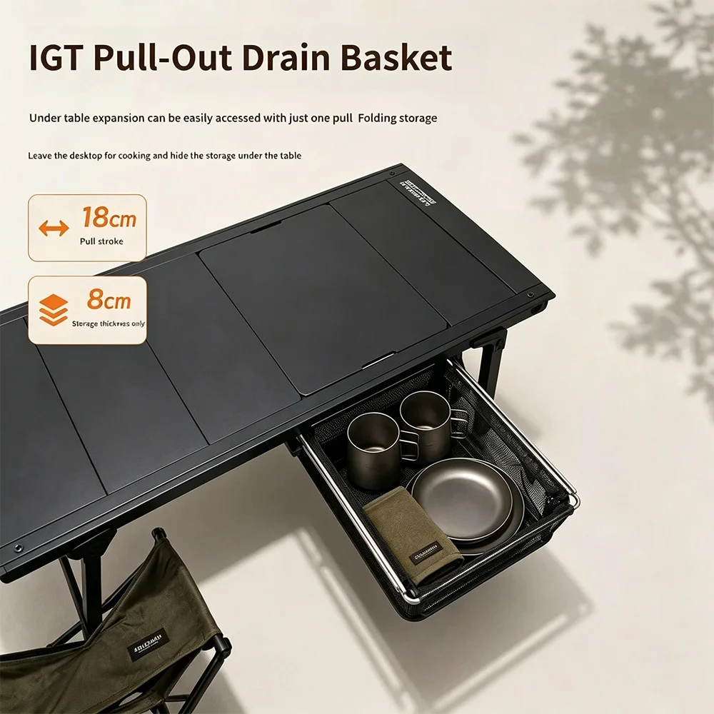 IGT Table Pull-Out Mesh Basket Portable Lightweight Foldable Drain Basket Tableware Storage Bag Outdoor Camping Accessories