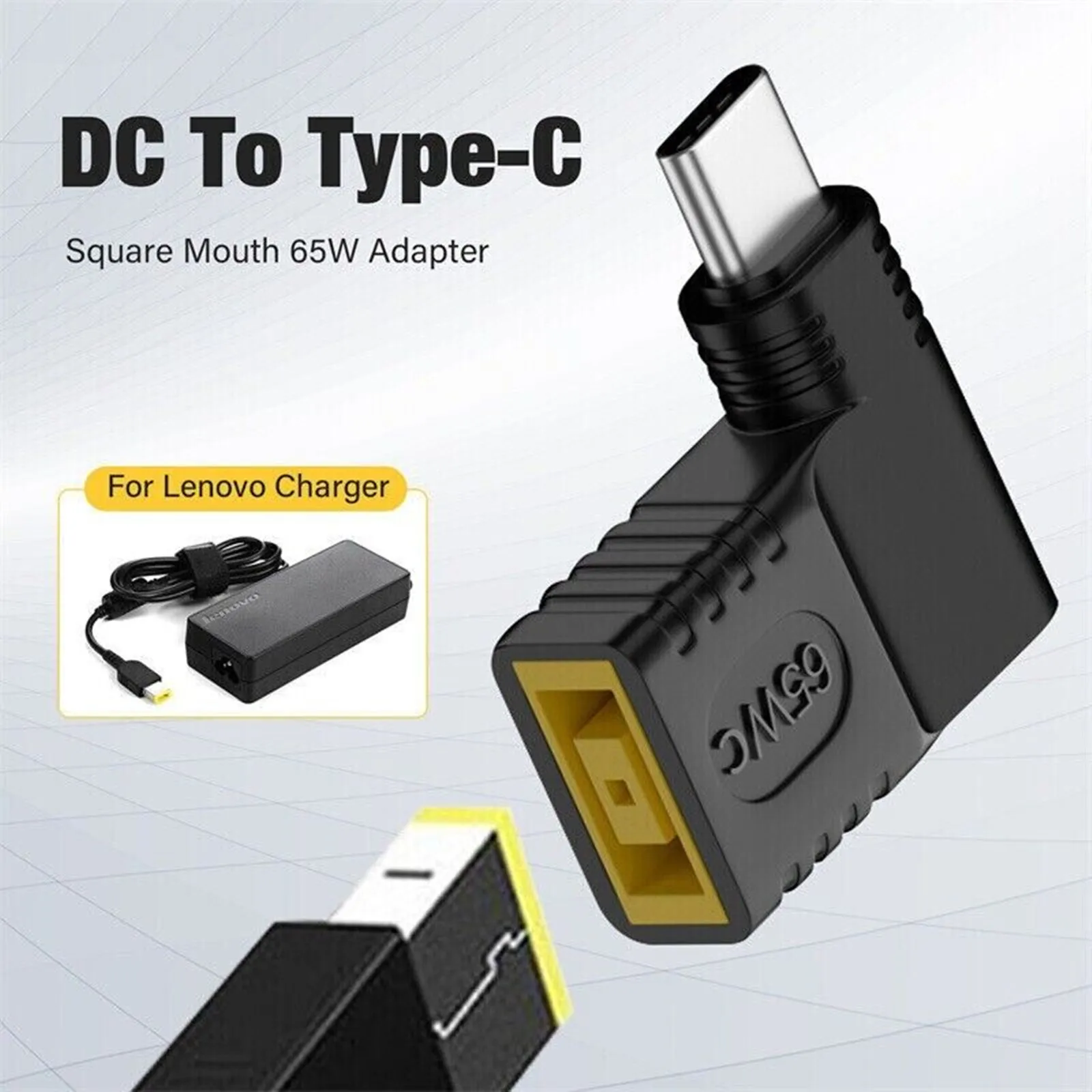 Adaptador de energia tipo C para acessórios portáteis Lenovo, USB-C macho para conversor feminino quadrado, carregador quadrado de 90 graus, 65W, PD