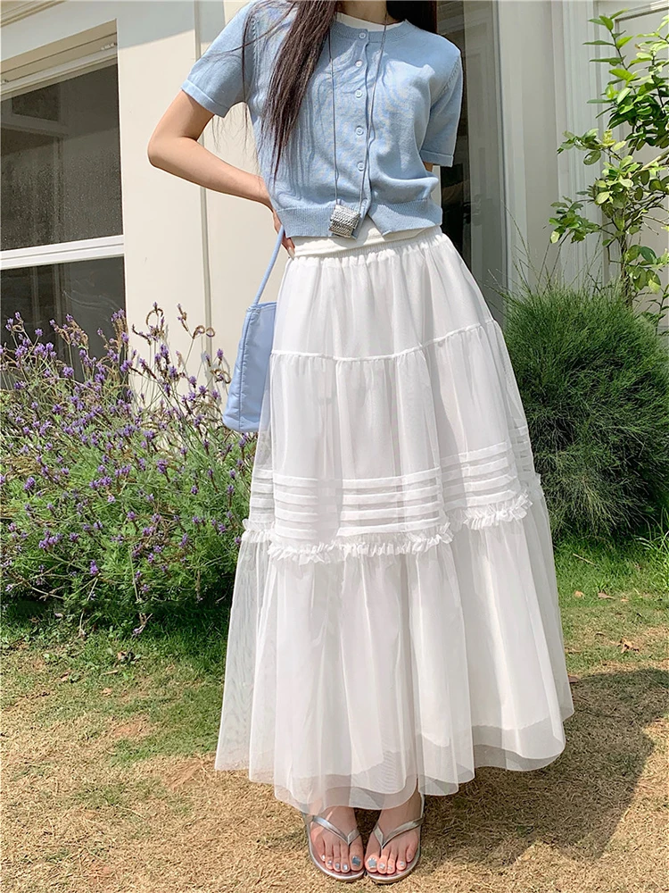 Spring Heavy Embossing Gentle Wind Style A-Line Umbrella Skirt Women Elegant Pure Color Temperament Long Tulle Half Skirt