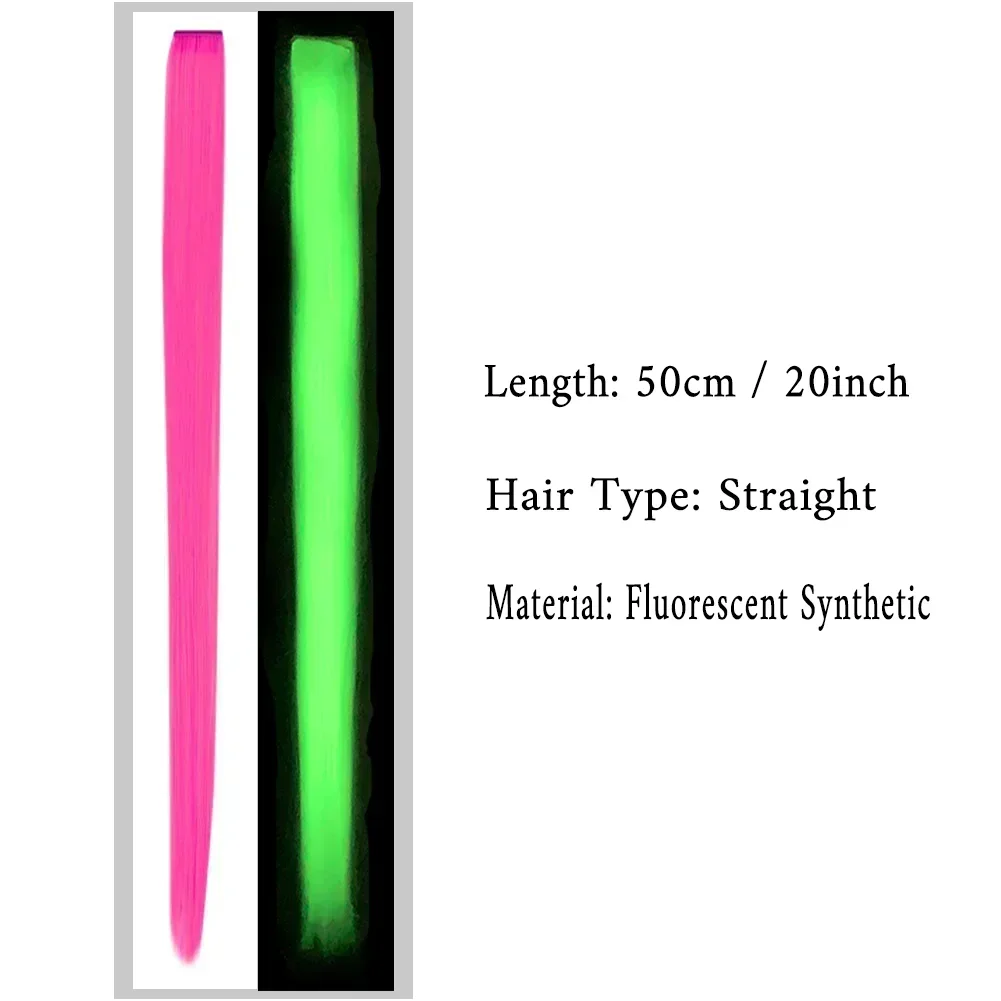 10 pçs brilho no escuro extensões de cabelo clipe em extensões de cabelo 20 polegada colorido clipe sintético na peruca para mulheres crianças meninas