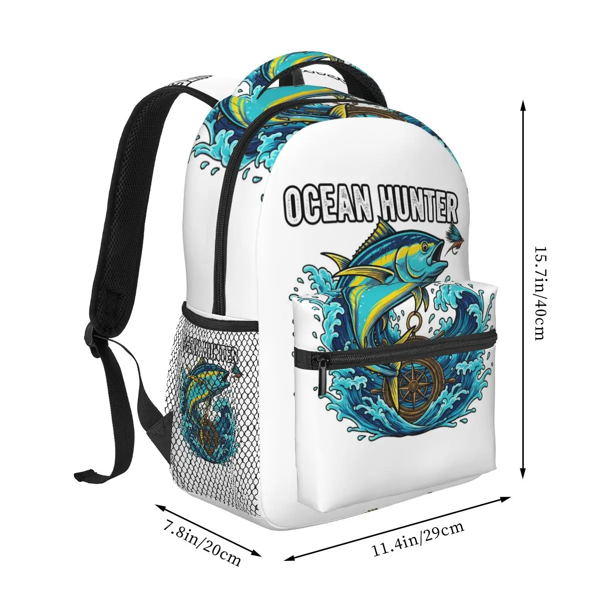 Ocean Hunter Leaping Tuna And Nautical Waves Deep Sea Fishing Backpacks Boys Girls Bookbag School Bags Rucksack Shoulder Bag