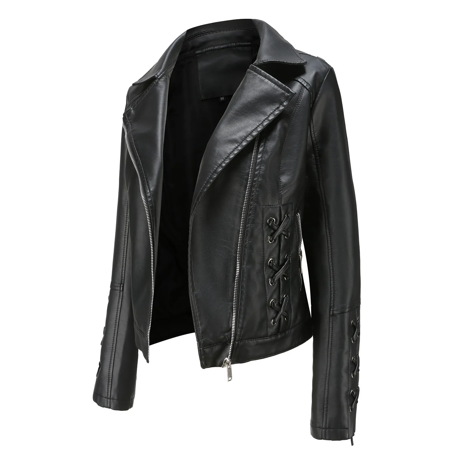 Women's Faux Leather Moto Jacket Lace-Up Detail Side Zipper Pocket PU Leather Strap Casual Biker Style Coat