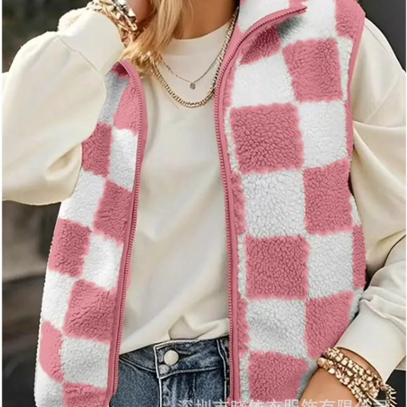 الصوف منقوشة طباعة سترة دون أكمام معطف 2025 امرأة سستة فضفاضة أفخم الدافئة صدرية فام الخريف الشتاء سترة غير رسمية سترة