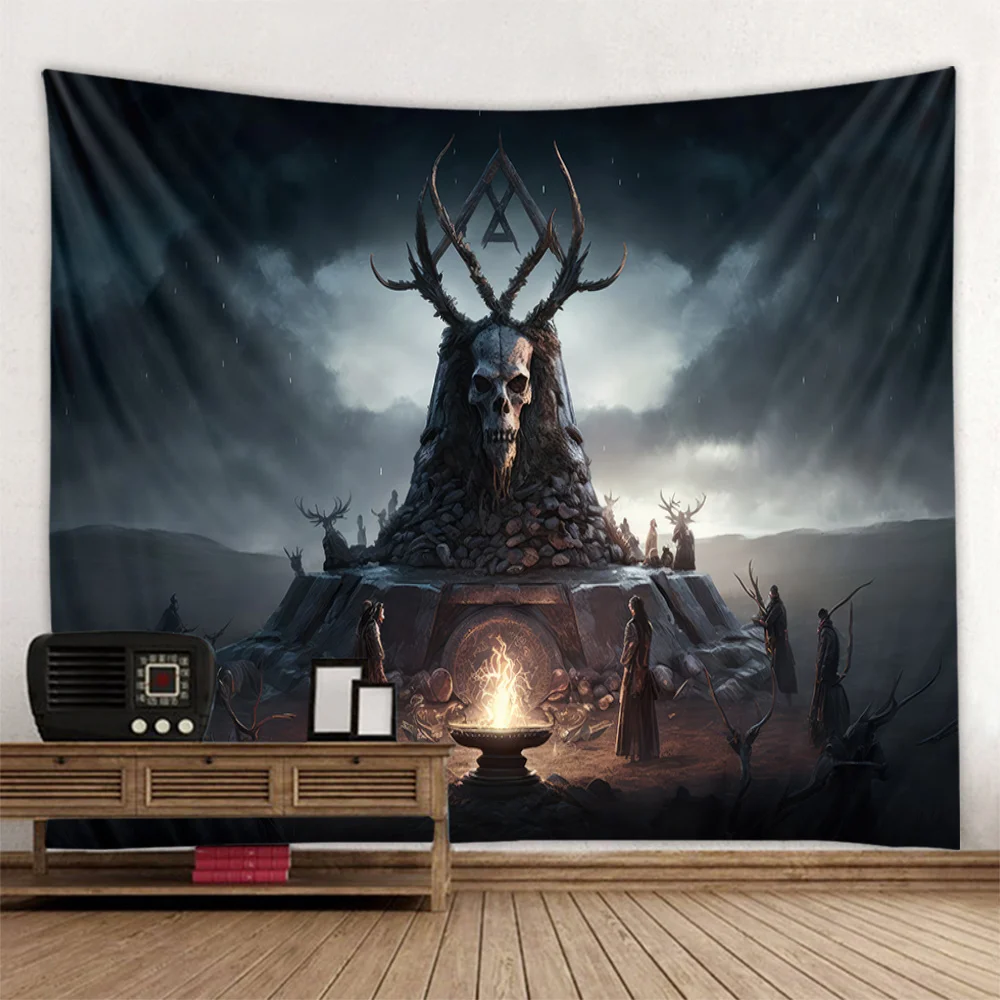Psychedelic Scene Tapestry with Skull Pagan Temple Witchcraft Wall Hanging Art Polyester Sofa Room Decorative Wall Hanging
