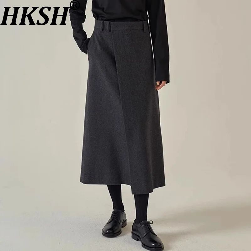 Spódnica damska HKSH Jesień Zima Nowa Kolekcja Asymetryczny Krój Jednolity Kolor Koreańska Elegancka Spódnica Biurowa w Kształcie Litery A z Wełny HK11744