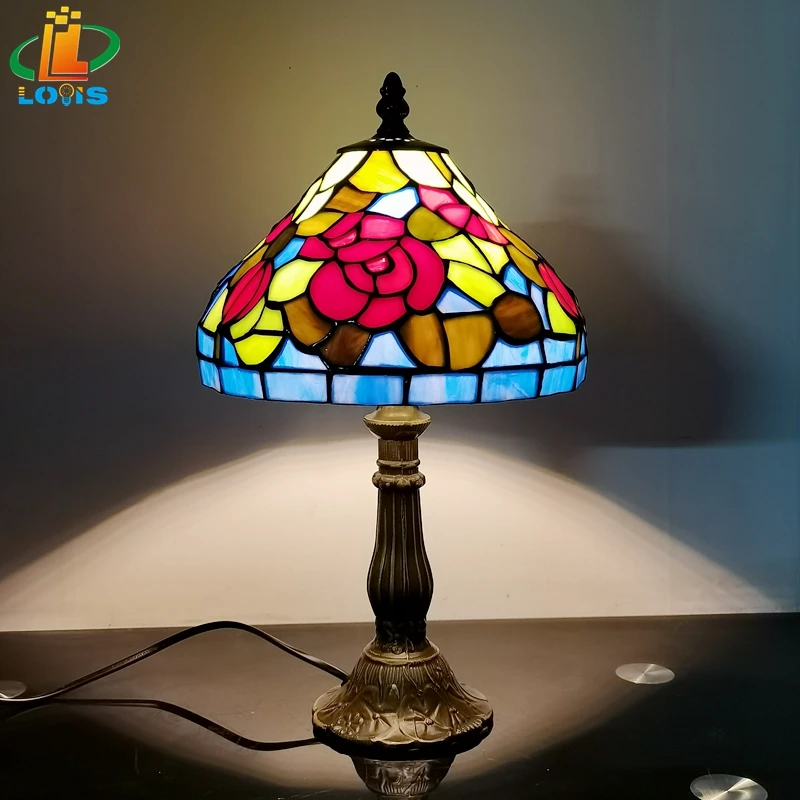 

8 Inch Red Flower Warm Color Small Table Lamp Tiffany Style Bedroom Bedside Feeding Night Lamp Antique Glazed Art Lighting