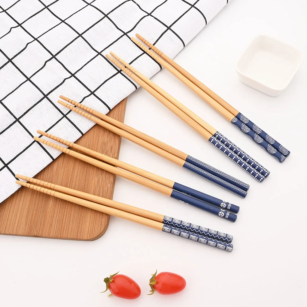 Reusable 5Pairs Tableware Handmade Bamboo Japanese Natural Wood Chopsticks Sushi Food Cat Flower Multi Color Wooden Chop Sticks