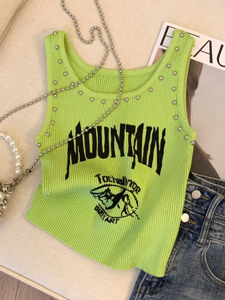 

Летний вязаный жилет с заклепками U-Ne, женский дизайнерский топ с буквенным принтом, корейский облегающий топ из шелковой ткани