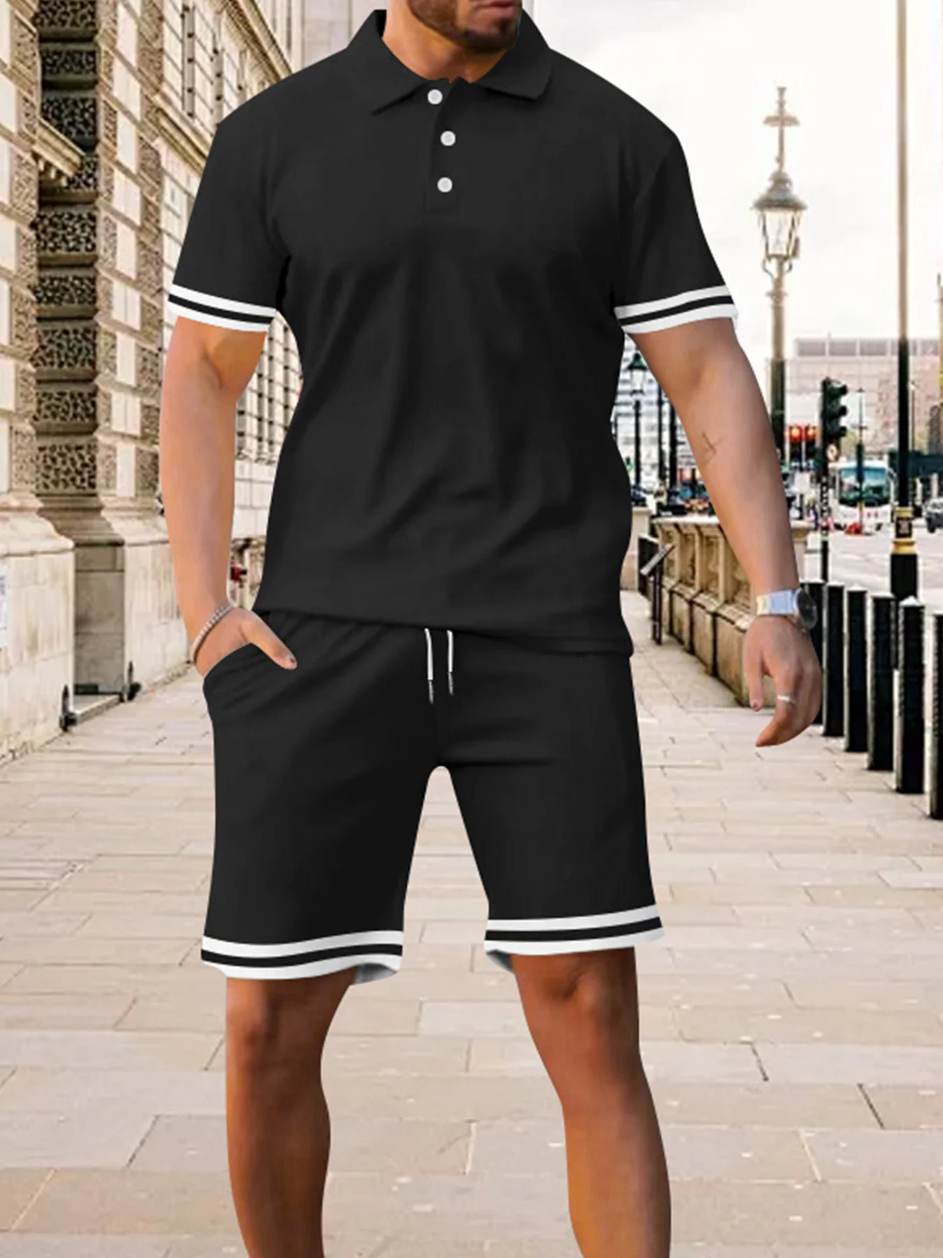 2025 Men's Fashionable Multi-Color Optional Lapel Polo Shirt + Black and White Stripesd Sports Shorts Suit for Daily Casual Sports and Energetic Wear