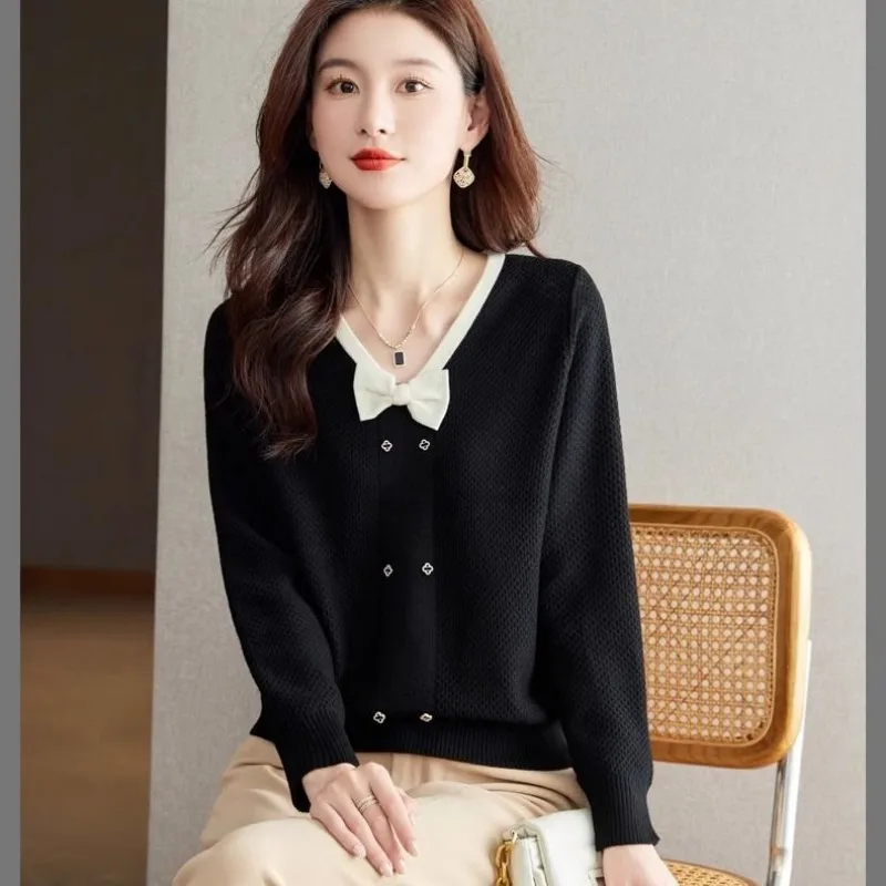 Sweater wanita lengan panjang, baju Sweater lengan panjang leher O, tren warna Solid, pita ramping model Korea musim gugur dan musim dingin