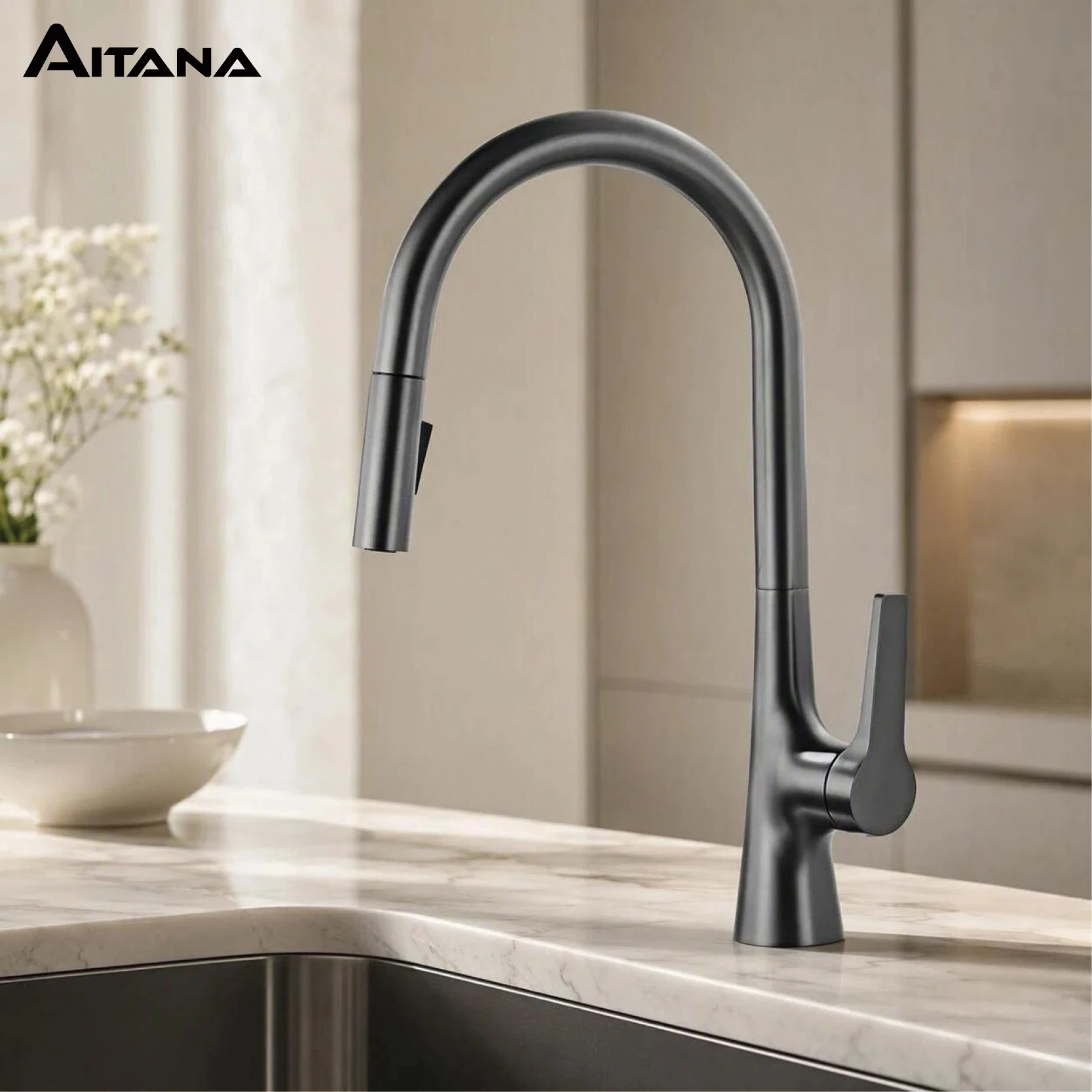 AITANA Modern Brushed Gold Kitchen Faucet with Single Handle and Single Hole Ceramic Valve Core Hot & Cold Water Pull-Out Sink T