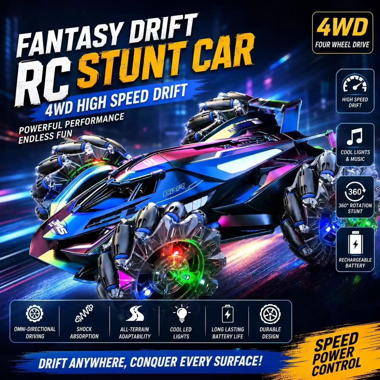 

4WD High Speed RC Car Off Road Drift Stunt Toy, 360° Rotation with LED Lights Rechargeable Remote Control Car Gift for Kids Boys