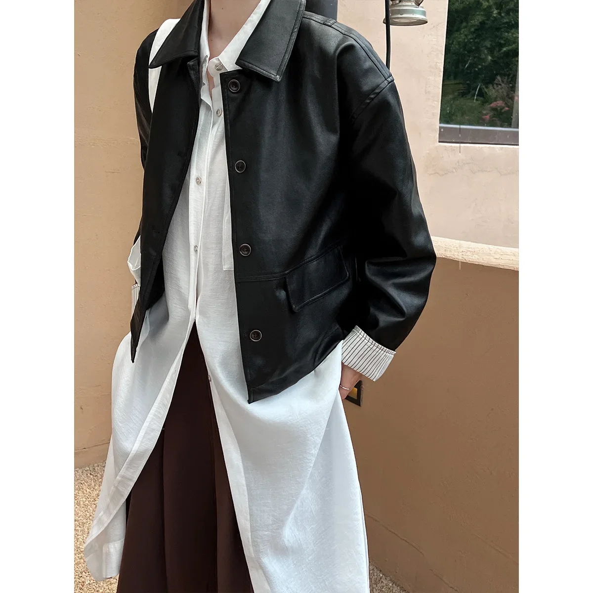 Vintage Faux Leather Jacket Pocket Button Front Loose Fit Outwear Long Sleeve Solid Color Short Coat Autumn Women Clothing