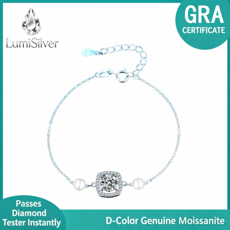 Cushion Halo Moissanite Dainty Bracelet 925 Sterling Silver GRA Certified Adjustable Elegant Everyday Gift for Women
