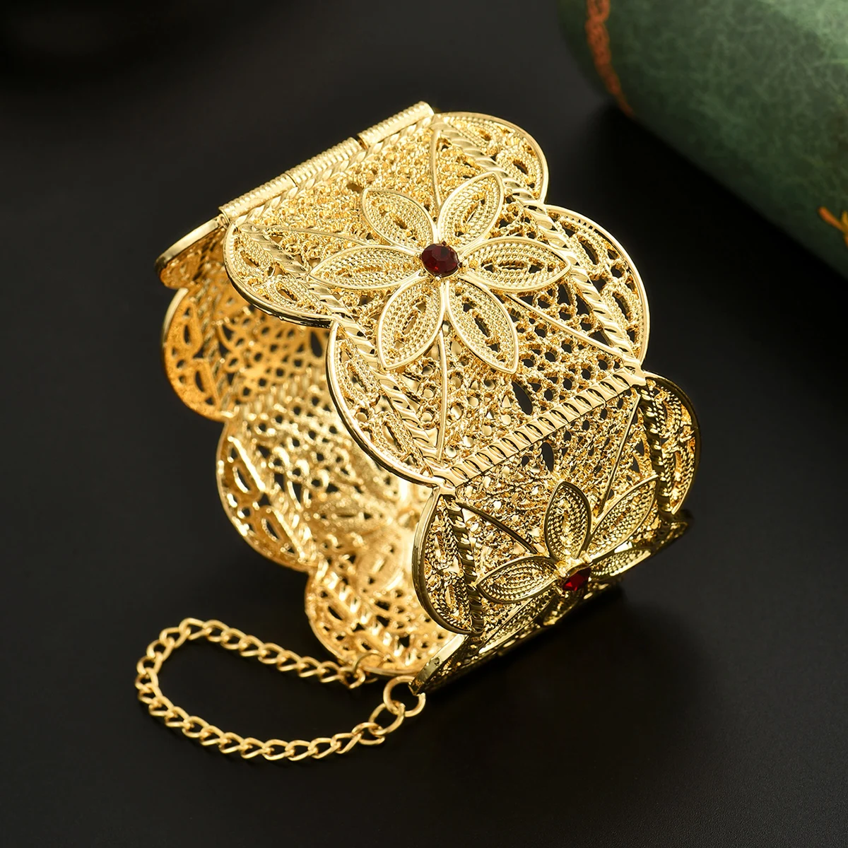 Arabian Ethnic Style Metal Gold-Plated Hollowed-Out Flower-Shaped Handcrafted Bracelet With Exquisite Detailing