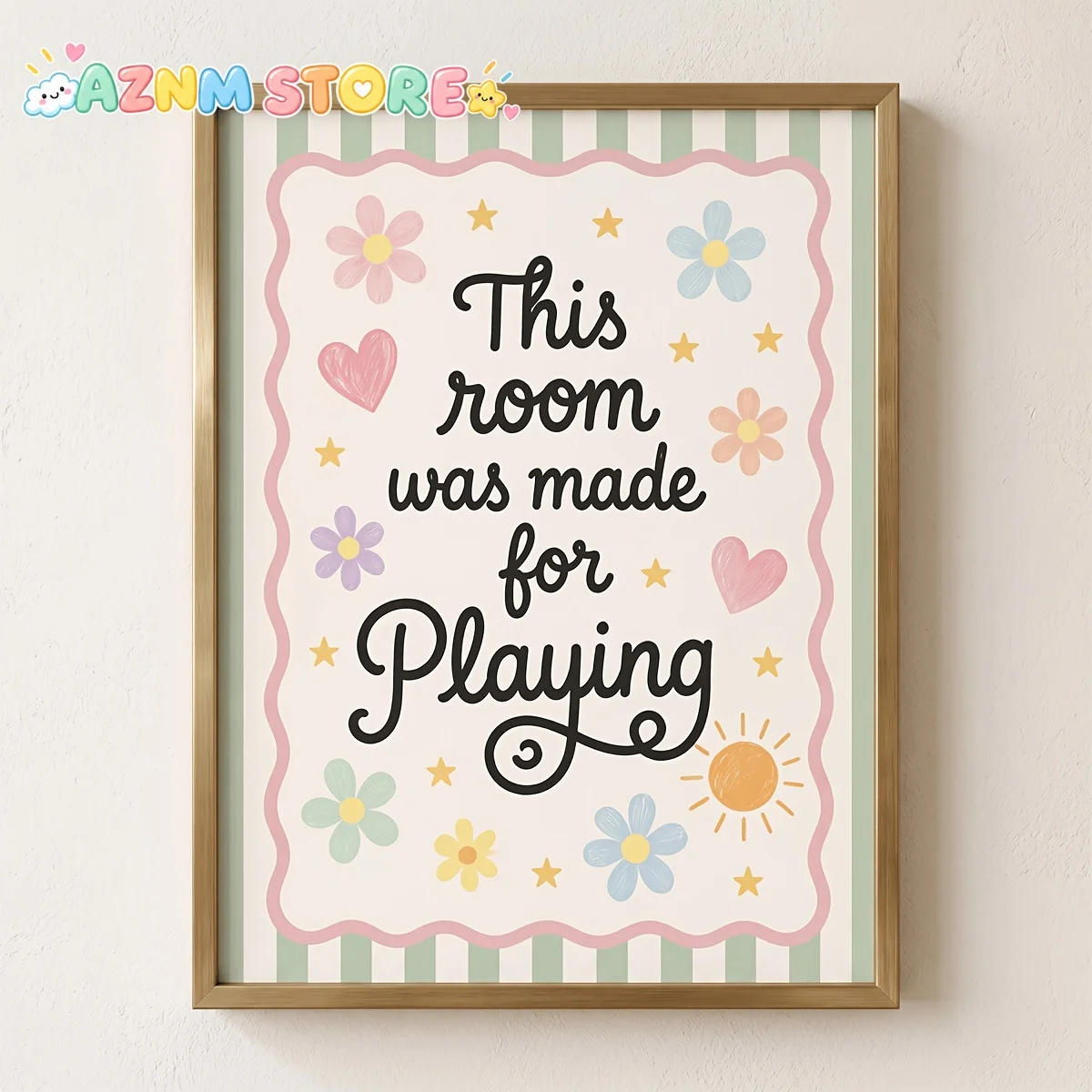 2027Kids Nursery Wall Art Suitable for Playroom & Toddler Bedroom - Sage Green Striped Pastel Boho Cursive with Wavy Pink Bor