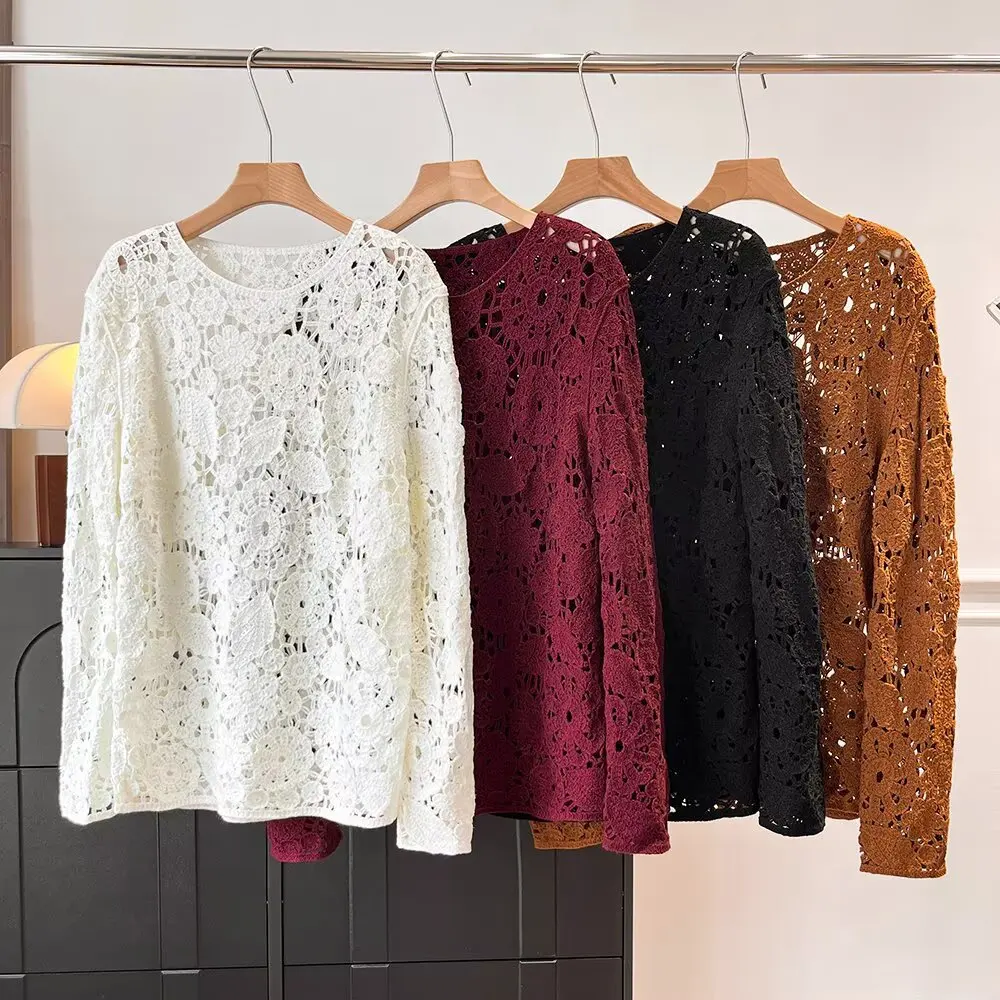 

Свободный кружевной трикотаж, круглый новый женский топ ранней осени, удобный теплый длинный свитер цвета для поездок на работу