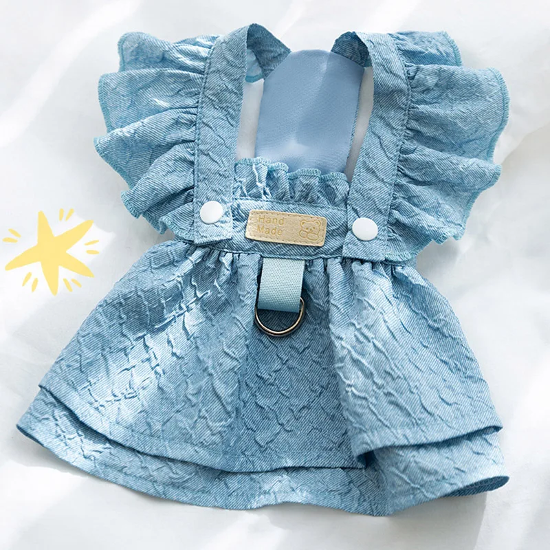 Denim Dog Dresses for Small Dogs Puppy Girl Clothes with Leash Ring Flying Sleeves Summer Cat Apparel Blue Chihuahua Outfits