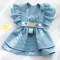Dog Girl Dresses for Dogs Puppy Spring Clothes with Leash Ring Flying Sleeves Summer Cat Outfits Blue One Piece Chihuahua Appare