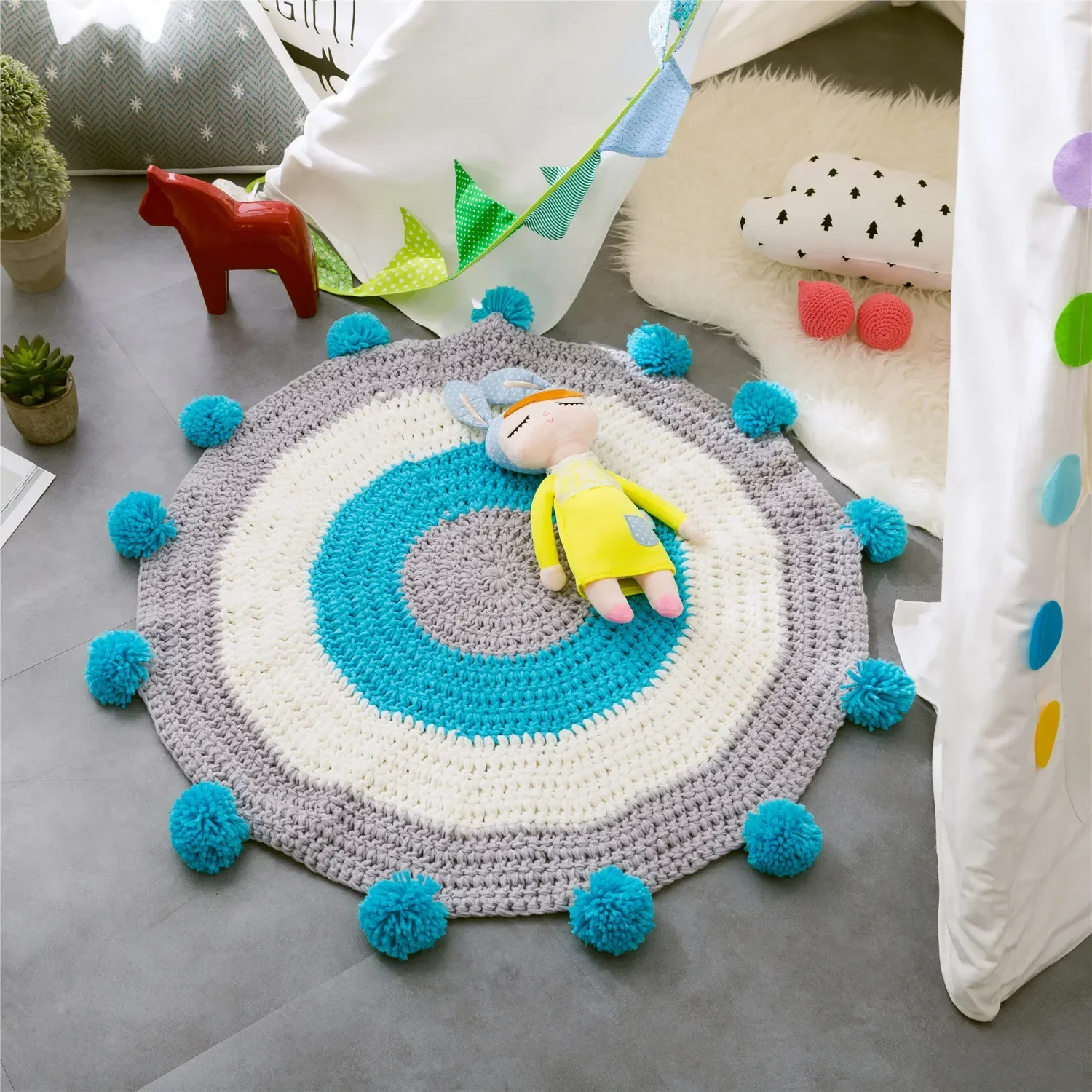 Handmade Ball Children's Room Knitted Floor Mats Round 80x80cm Window Sill Floor Rugs Living Room Mats Bedroom Decor Circle Rug