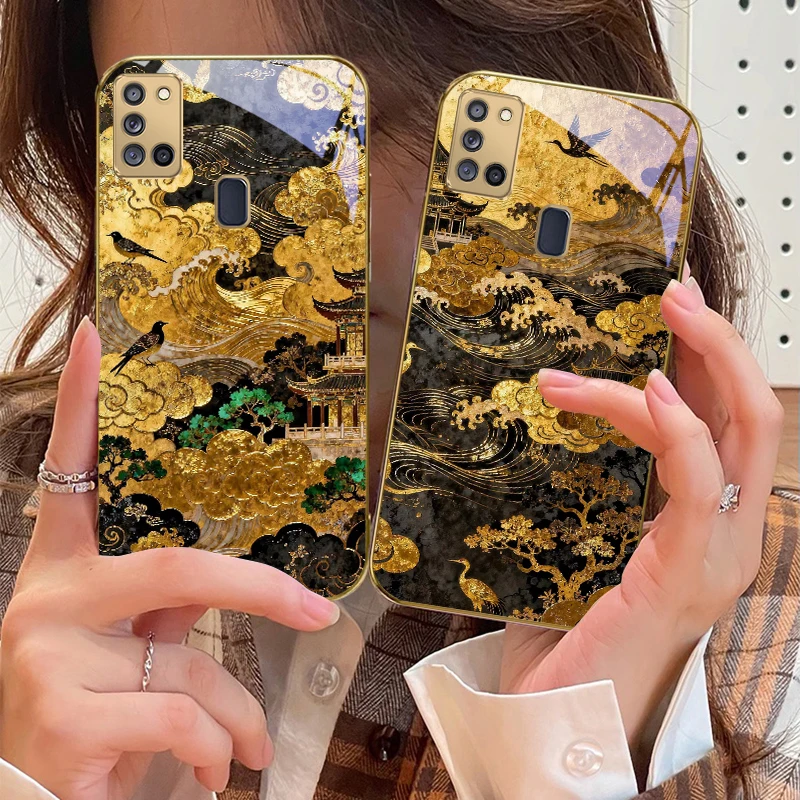 موجات زيادة ذهبية لسامسونج A 31 32 A33 A34 35 14 A15 13 16 25 26 50 52 53 54 55 56 70 71 72 73 حافظة هاتف زجاجية ذهبية