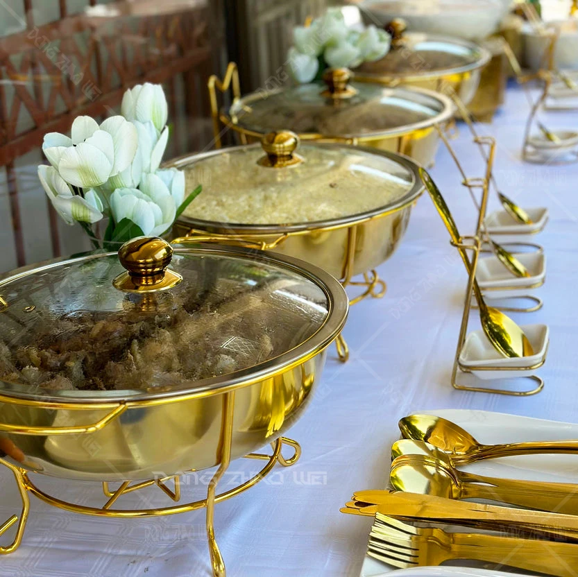 *Restaurant Equipment 8Litres Golden Stand Buffet Food Warmer Catering Party Gold Round 8L Chafing Dish Glass Lid Soup Pot