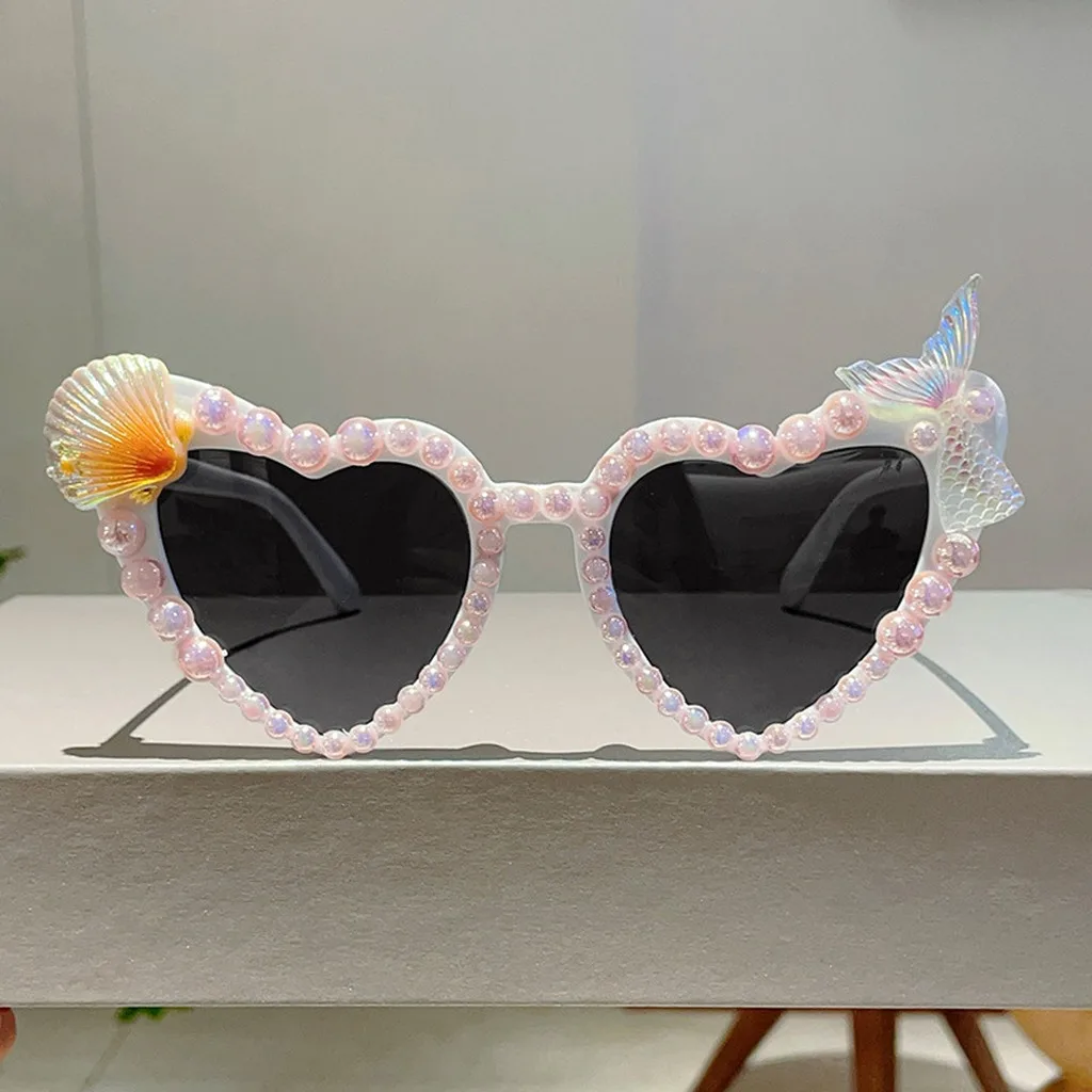 Heart Shaped Sunglasses Stain-Resistant Uv400 Sunglasses Pearl Decor Sunglasses Decorative Women'S Fashion Eyewear For Stage