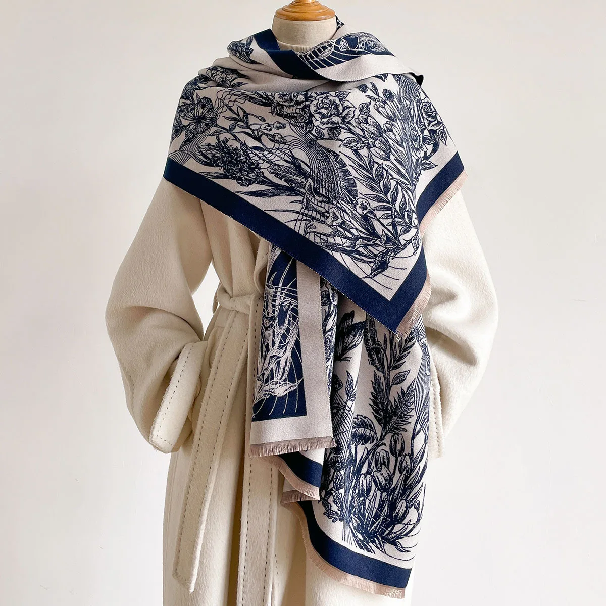 Winter High Grade Faux Cashmere Shawl Women Navy Vintage Hand Drawn Flower Butterfly Pattern Thick Cozy Warm Large Wrap Scarf