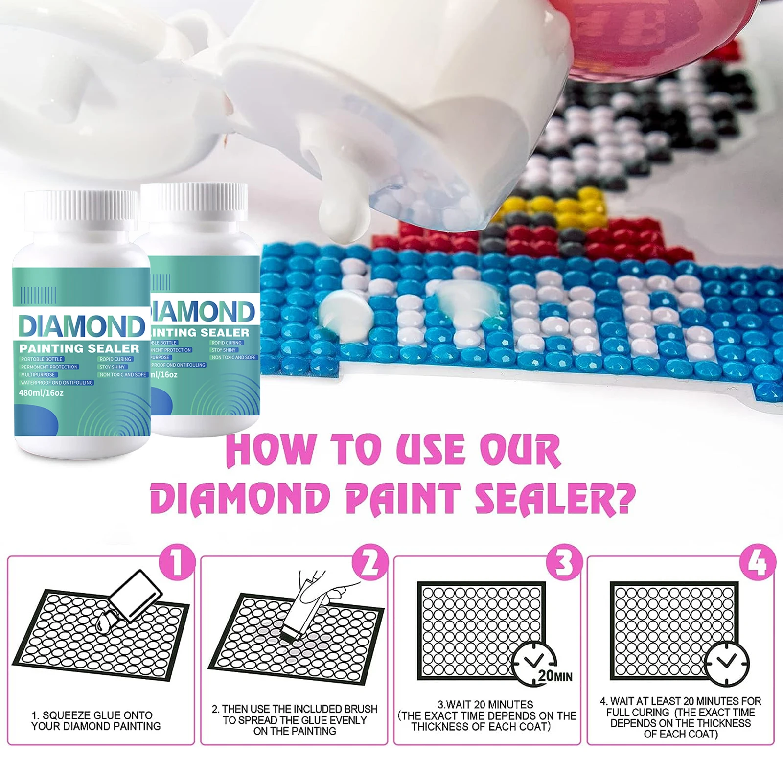 Kit sigillante per pittura a diamante da 480ML(16oz) con 3 pennelli Diamond Art Sealer Puzzle colla accessori e strumenti per adulti