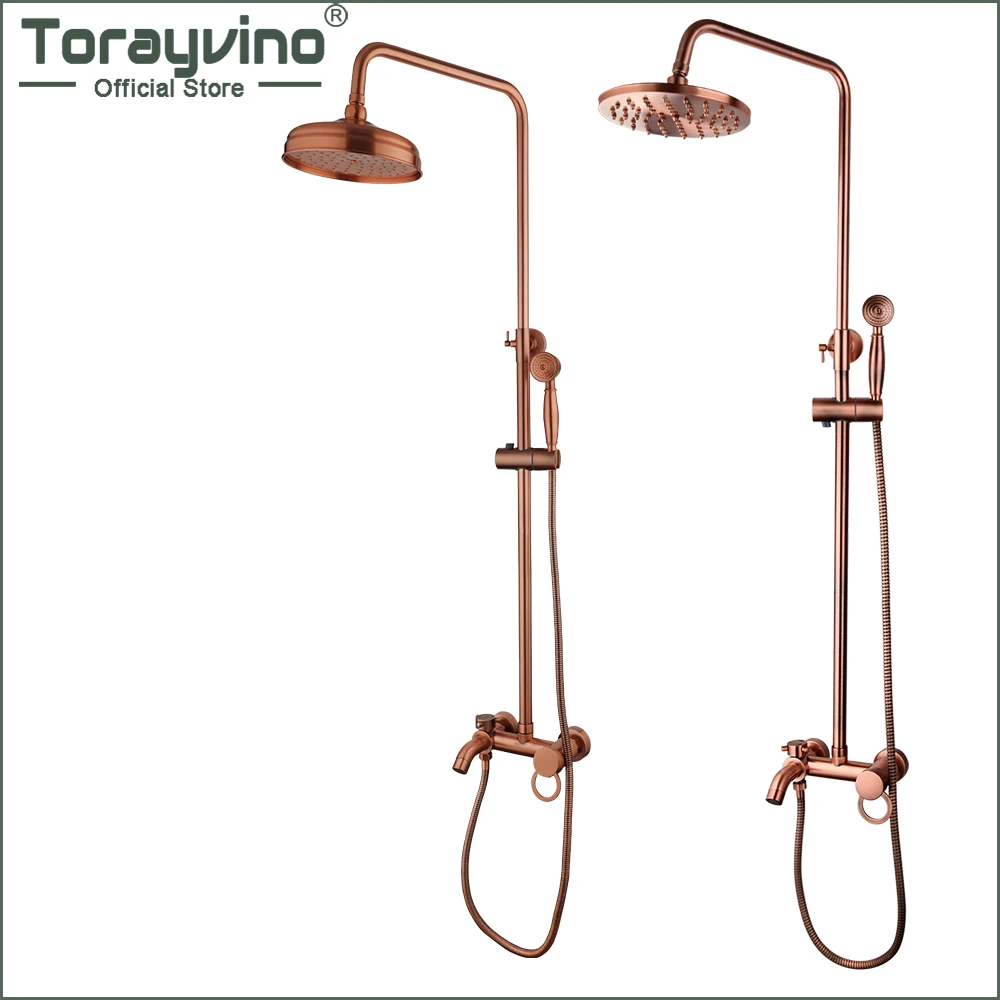 

Torayvino Antique Copper Bathroom Shower Faucet Set Rainfall Bath Showers Head Bathtub Shower System Wall Mounted Mixer Tap