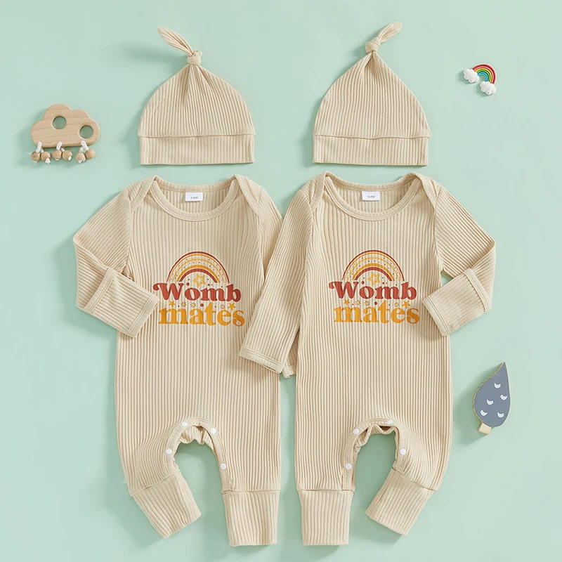 Newborn Baby Girl Boy Twins Matching Outfits Womb Mates Knitted Romper Mitten Cuffs Jumpsuit with Hat Fall Clothes