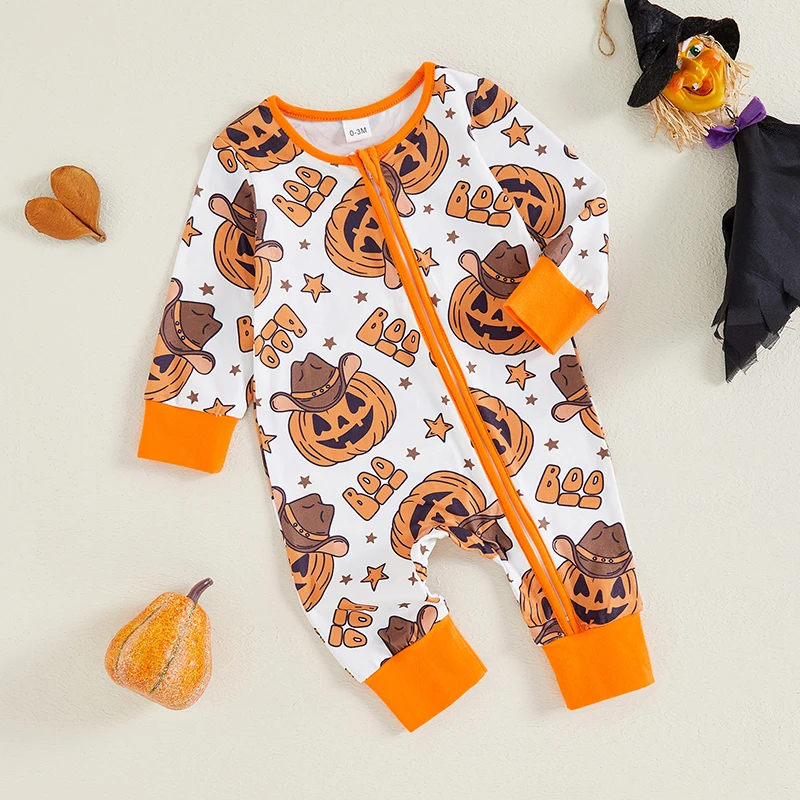 2024-05-29 Lioraitiin Baby Girls Boys Rompers Halloween Clothes Pumpkin/Cow Print Crew Neck Long Sleeve Toddler Fall Bodysuits