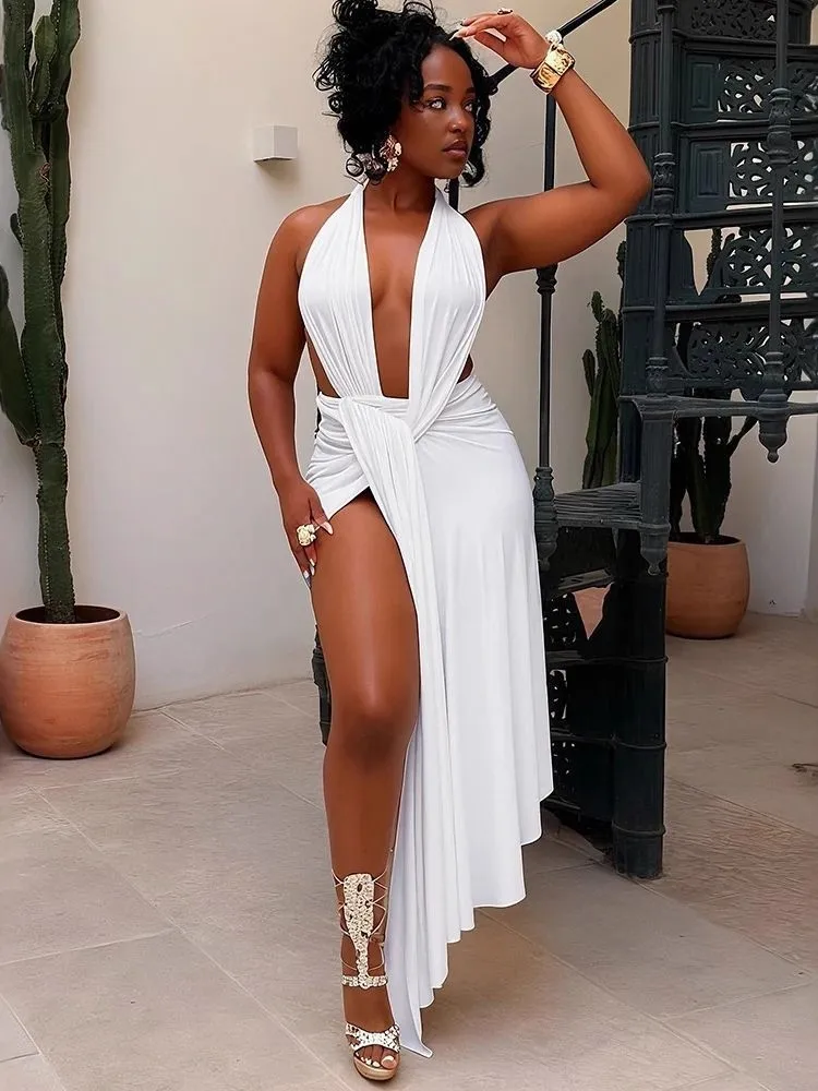 

Halter Neck Dress Dresses 2025 Woman Vestidos Bodycon Backless Sleeveless V-link Slit Pleated Solid Color Fashion Sexy Mature