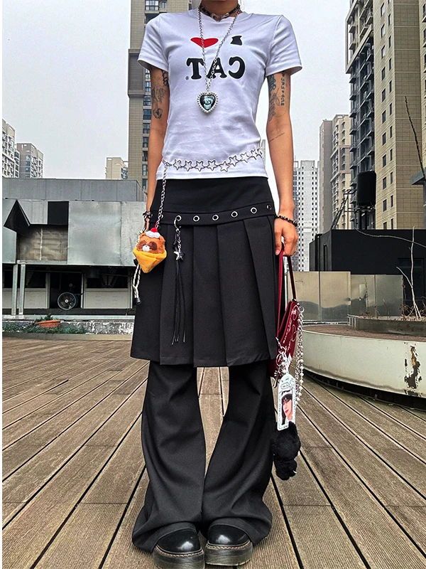 الأمريكية الرجعية حجم كبير المرأة الخريف الشتاء مطوي تنورة السراويل دعوى Bla بنطال ذو قصة أرجل واسعة قطعة واحدة الطبقات ارتداء عادية Tr...