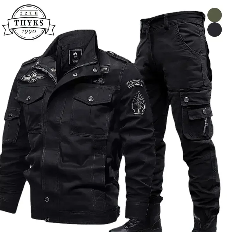 Mens Military Sets Cotton Embroidery Multi Pocket Jacket+Wear Resistant Straight Cargo Pant 2Piece Suit Winter Work Wear Set 6XL